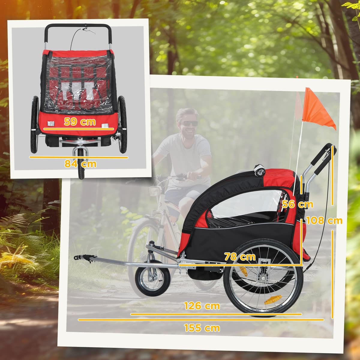 HOMCOM 2 Seat Bike Trailer for Kids, Baby Bike Stroller with 5 Point Harness, Child Bicycle Trailer with Safety Flag, Reflectors, Windproof Curtain, for 18+ Months, Red — view 7