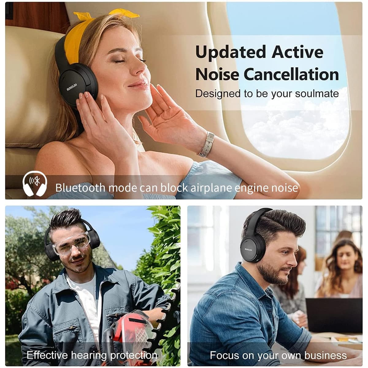 RUNOLIM Hybrid Active Noise Cancelling Headphones, Wireless Over Ear Bluetooth Headphones with Microphone, 70H Playtime, Foldable Wireless Headphones with HiFi Audio, Deep Bass for Home Travel Office — view 5