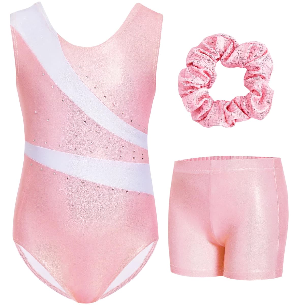 Gogokids Conjunto de gimnasia de tres piezas para niña, cuello en Y, sin mangas, con pantalones cortos y diadema, traje de gimnasia con diseño de bloques de color azul y morado, 3-12 años — view 19