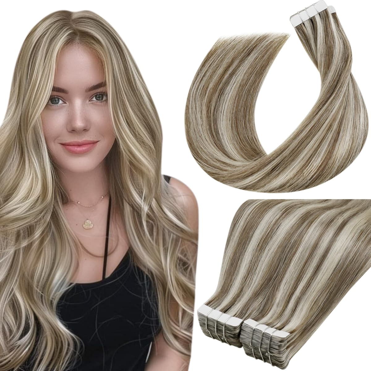 LaaVoo Tape in Hair Extensions Human Hair Blonde Tape Hair Extensions Real Human Hair Invisible Tapes Remy Straight Balayage Brown to Blonde Hair Double Sided Tabs 20pcs 50g 16 Inch #8/18/60 — view 118