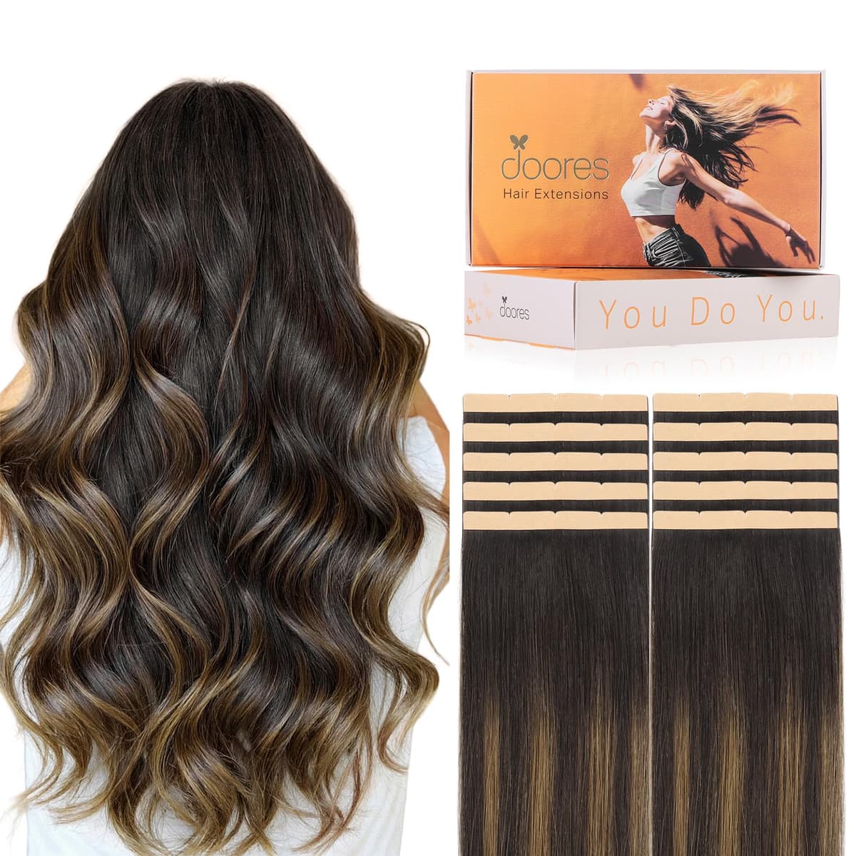 DOORES Tape in Hair Extensions Human Hair, Balayage Dark Brown to Chestnut Brown 50g 20pcs 18 Inch, Human Hair Extensions Natural Remy Straight Skin Weft — view 69