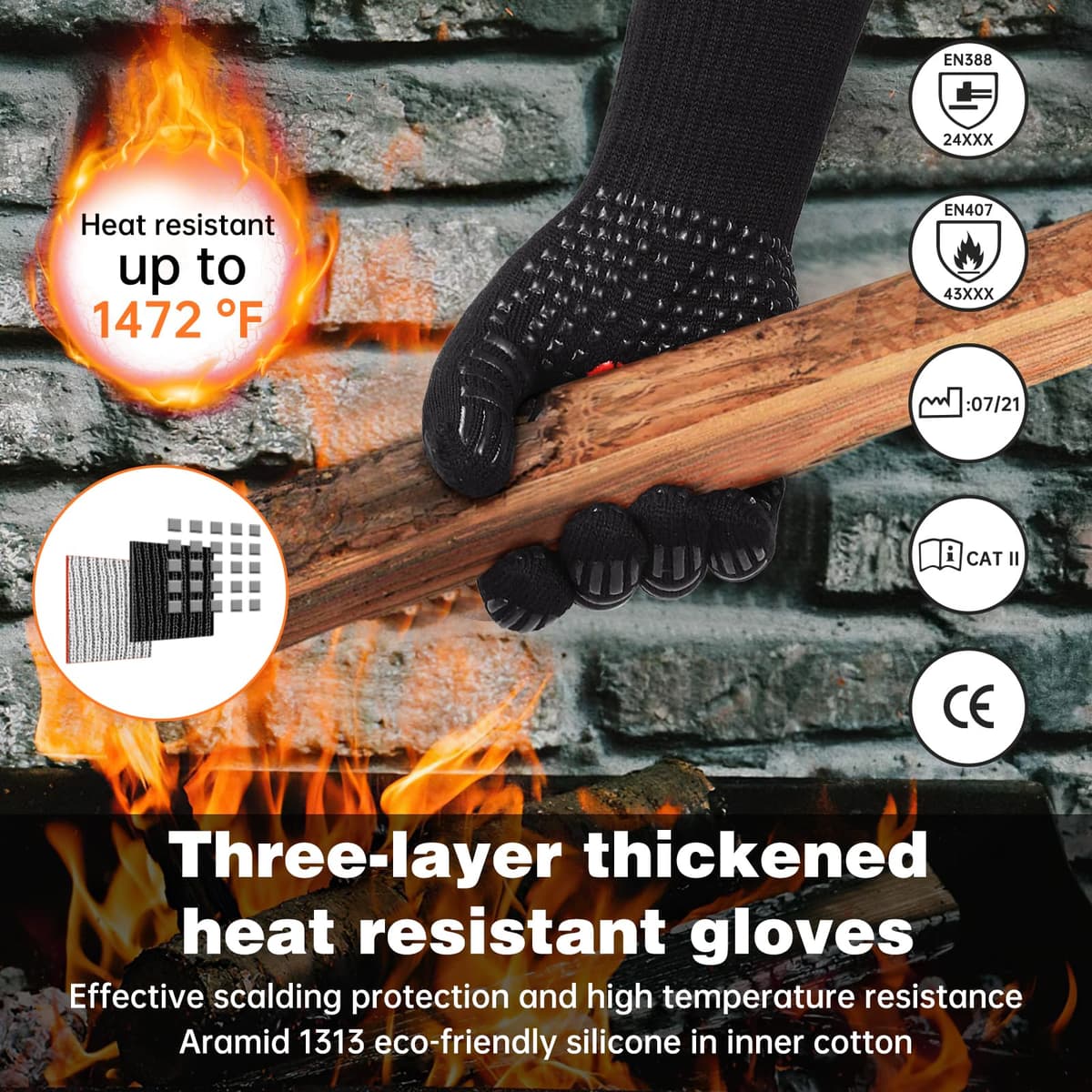 SPGOOD Guantes Barbacoa Guantes Horno Altas temperaturas Largos, BBQ Guantes Resistentes al Calor hasta 800℃ para Cocina, Parrilla, Hornear, Microondas, Chimenea Negro（L/XXL） — view 3