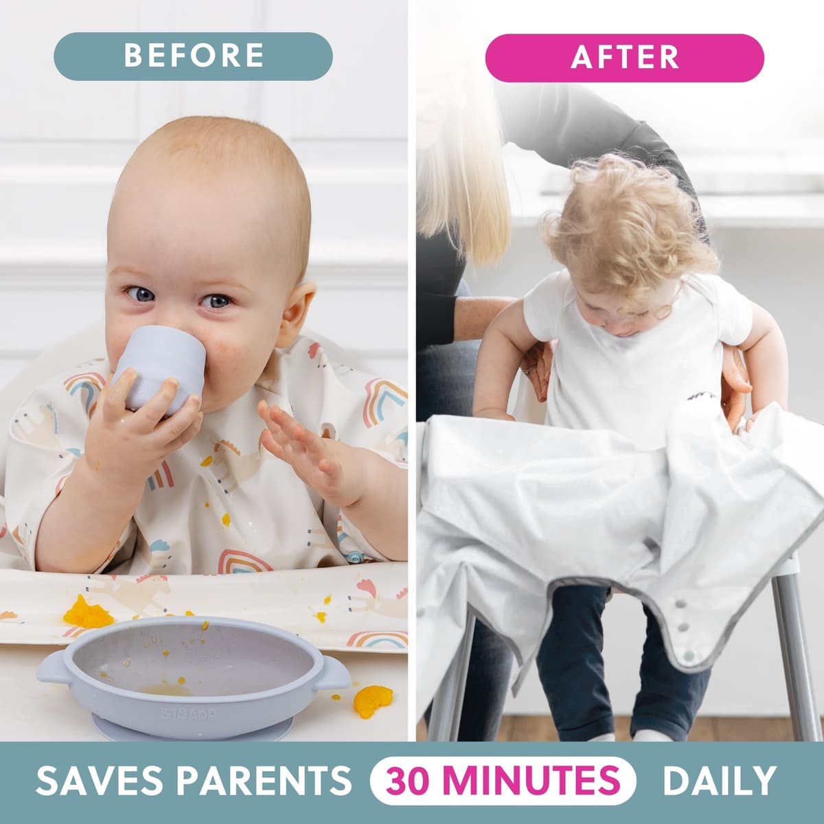 BIBaDO - Short Sleeve Baby Bibs - Babies & Toddlers 6-36 Months - Coverall Weaning Bib - Easy Wipe Clean & Soft Fabric - Attach to Highchair & Tables - Waterproof - Machine Washable — view 5