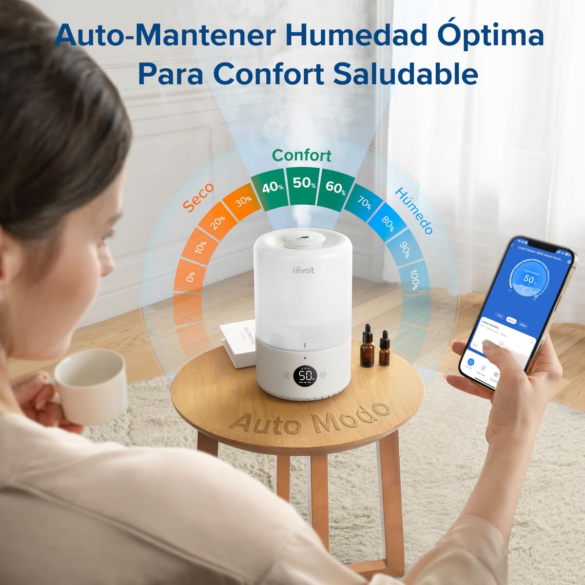 LEVOIT Humidificador Inteligente de Niebla Fría para Habitación y Bebé con Sensor, Control por APP y Voz, Difusor Aceites Esenciales, Temporizador a Cuarto,＜28dB, 3L Top-Fill, Blanco — view 2