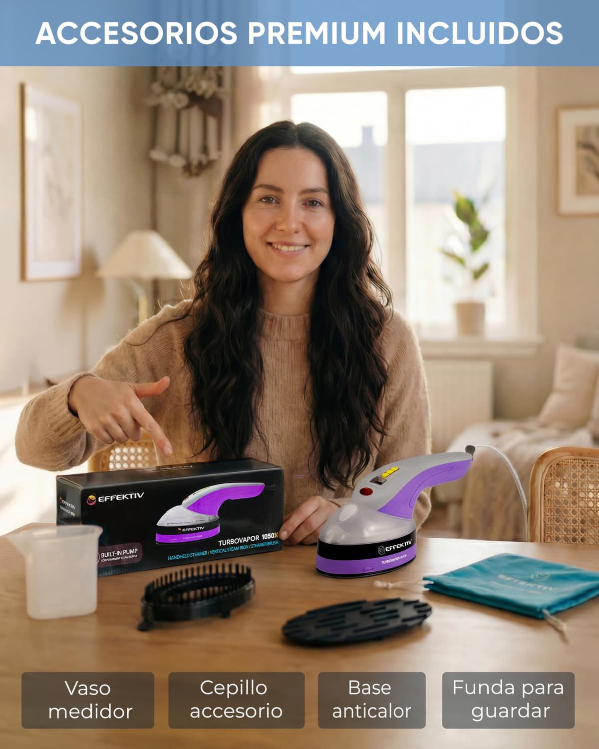 Plancha Vertical Vapor EFFEKTIV, 1800W, 3 en 1 Vapor Vertical Premium, Plancha Ropa con Suela Cerámica, Cepillo de Vapor, Depósito 250ml, Vapor Continuo 750mg/sec, Pantalla led, Autoapagado, Cable 3m — view 8