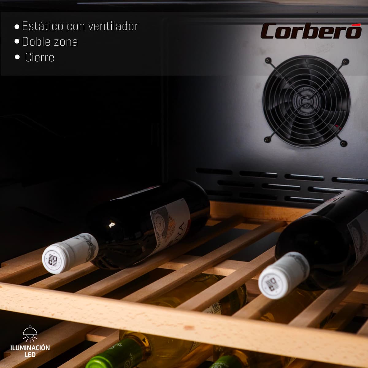 Corberó - Vinoteca CFKWC91SWDZ | 200L | 91 Botellas | Estático Con Ventilador | Doble Zona | Nevera para vino con Luz LED | 4 Estantes de Madera | 45Db | Negro Puerta Cristal — view 3