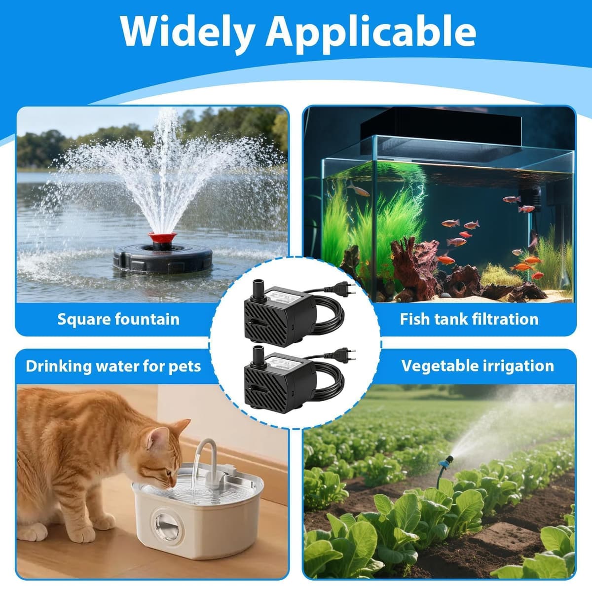 2 Piezas Mini Bomba de Agua Sumergible 3W 180L/H, Bomba Acuario Ultrasilenciosa con Caudal Ajustable y Ventosas, Motor para Fuente de Agua Gatos, Peceras, Estanques y Jardín — view 5