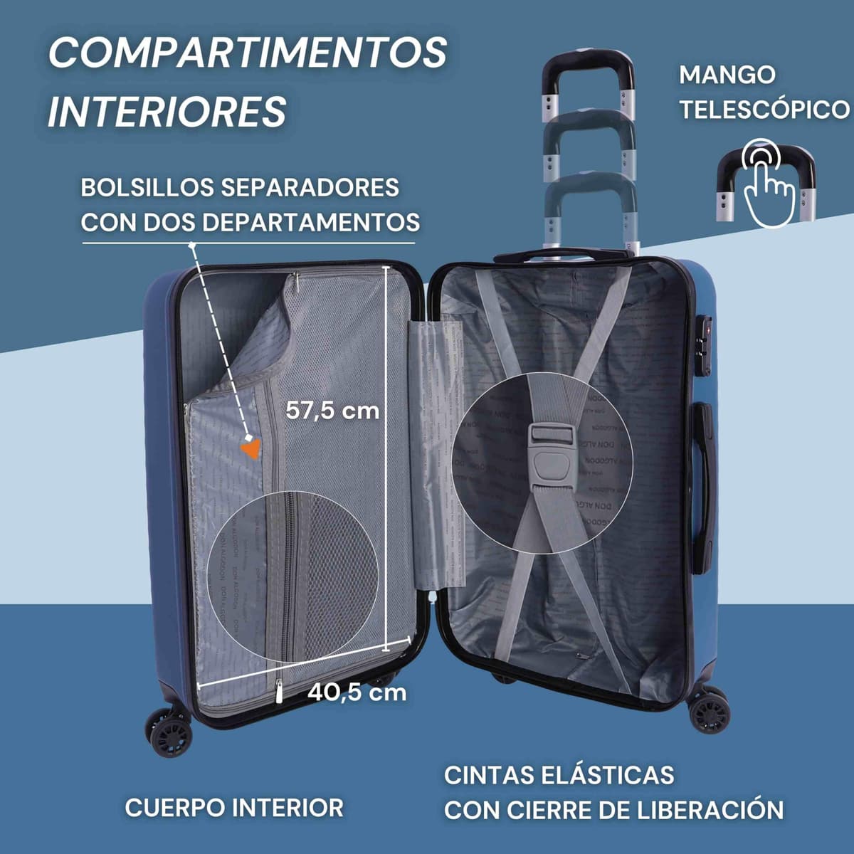 DON ALGODON Medium Suitcase 23 kg | Rigid Travel Suitcase with 4 Double Wheels 360º, TSA Lock and Telescopic Handle | Waterproof Luggage for Airplane Travel, blue, Classic — view 3