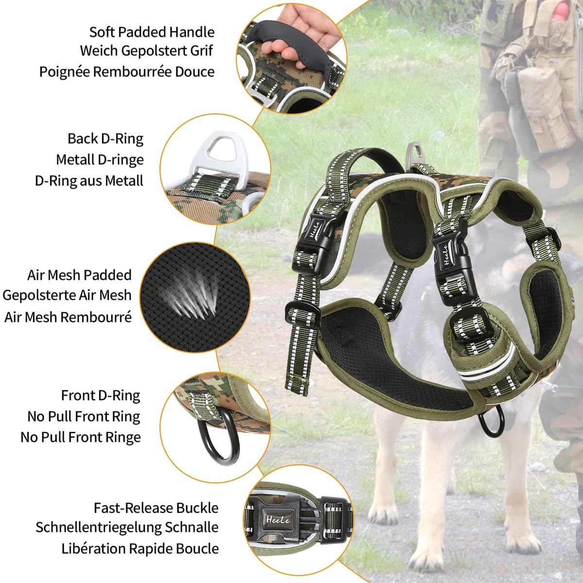 HEELE Arnés de Perro, Anti Tracción Reflectante Camuflaje Arnés para Perro Grande con asa Acolchada, 1 Hebilla en la Correa Recta del Cuello Que Hace Que Sea fácil de Poner y Quitar, Camo-Verde, L — view 4