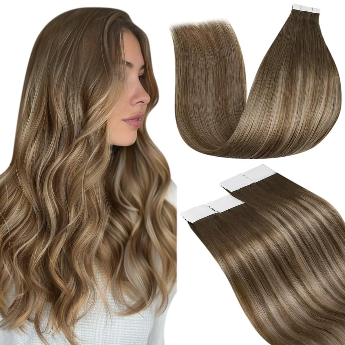 LaaVoo Tape in Hair Extensions Human Hair Blonde Tape Hair Extensions Real Human Hair Invisible Tapes Remy Straight Balayage Brown to Blonde Hair Double Sided Tabs 20pcs 50g 16 Inch #8/18/60 — view 96