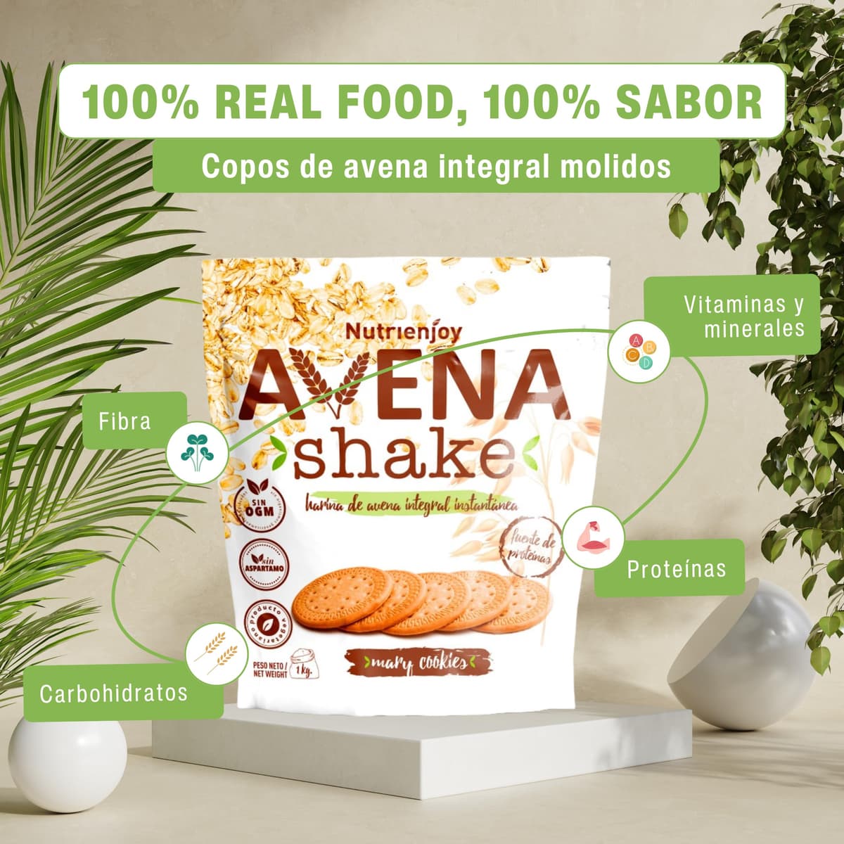 NutriEnjoy - Avena Shake 1Kg | Copos de Avena Integral Molidos | Harina de Avena Sabores | Avena en Polvo | Harina de Avena Integral | Avena Instantánea Sabores Deliciosos (Mary Cookies) — view 2