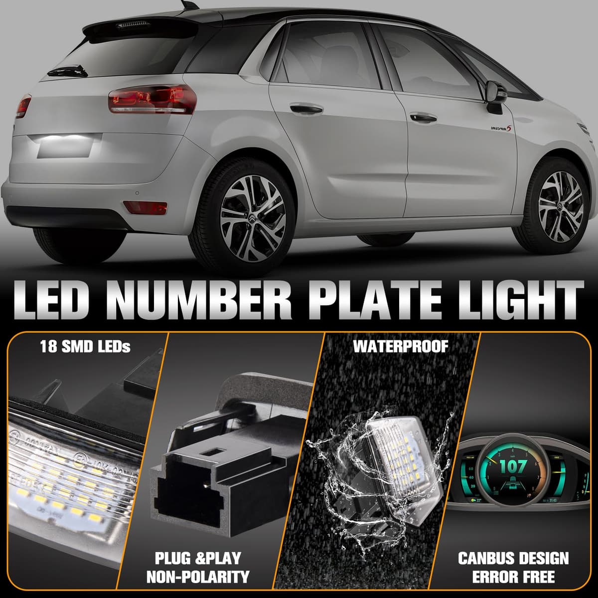 Luces LED Matrícula para 206 207 407 406 306 307 308 5008, Luz Matrícula para Citro-en C3 PICASSO C4 C5 BERLINGO B9 M49 M59 SAXO XSARA, LED Matrícula 2 Piezas Canbus — view 5