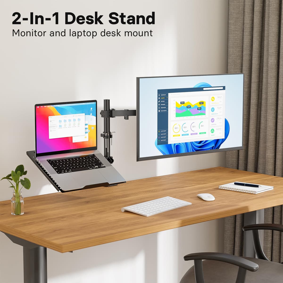 REDBAT Brazo para Monitor de 13 a 32 Pulgadas Pantalla LED LCD, con Bandeja para Portátil hasta 16 Pulgadas, Soporte con VESA de 75/100 mm, 2 Opciones de Montaje — view 2