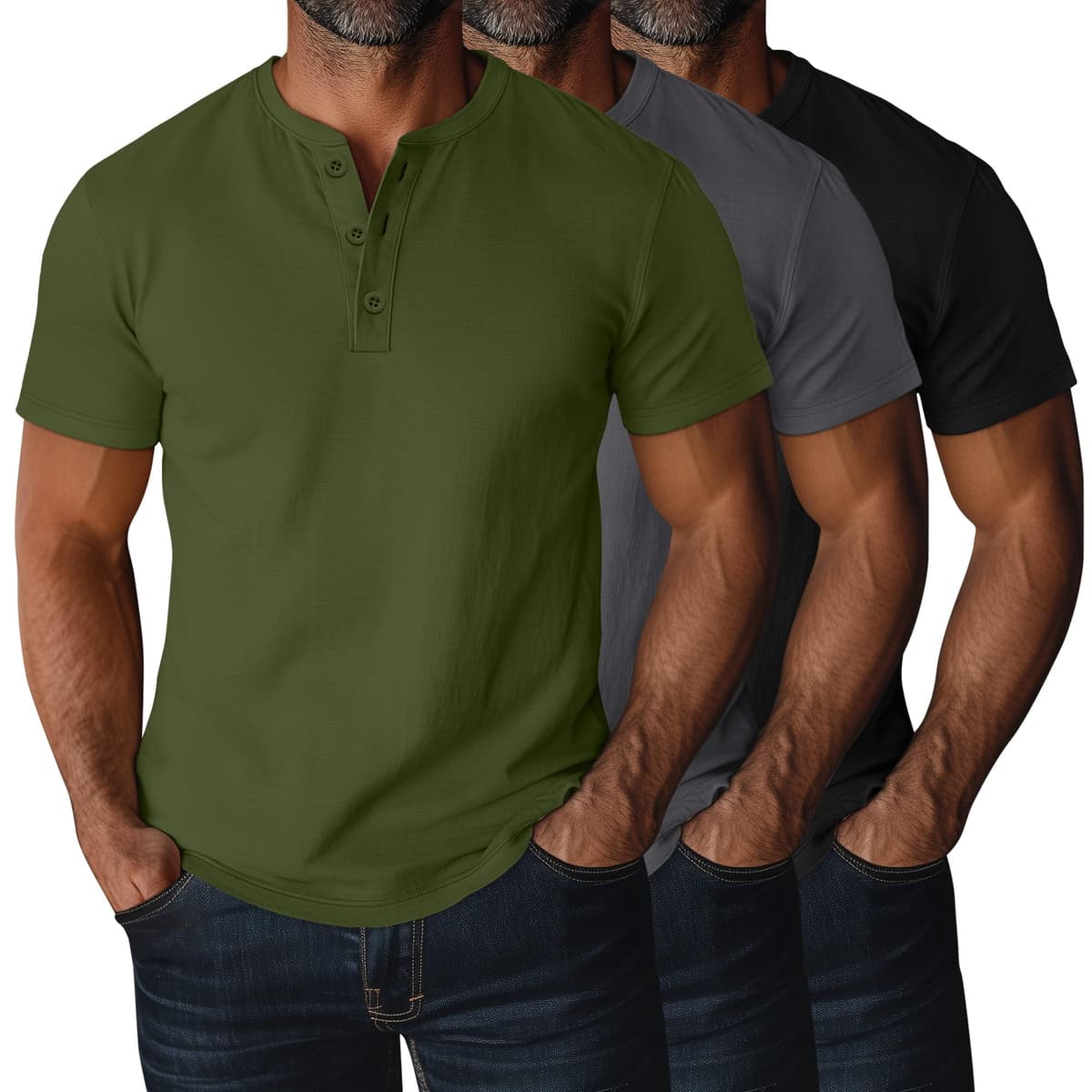Ficerd 3 Piezas Camisetas Henley para Hombres de Talla Grande y Alta, Manga Corta, Oversize Holgadas, Básicas Casuales Tops — view 11