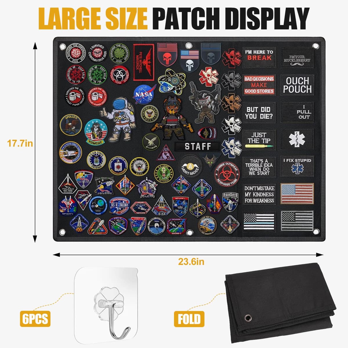Hshenjhu Panel Táctico para Parches, Tablero de Exhibición de Parches Tácticos, Panel para Parche Militares, Tablero de Parche de Militar Táctico Plegable, con 6 Ganchos, 60 X 45 CM, Negro — view 2