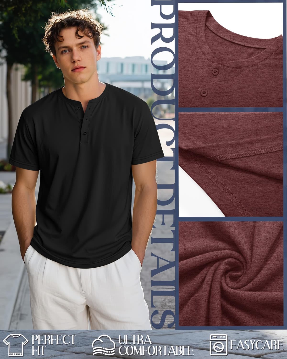 Ficerd 3 Piezas Camisetas Henley para Hombres de Talla Grande y Alta, Manga Corta, Oversize Holgadas, Básicas Casuales Tops — view 4