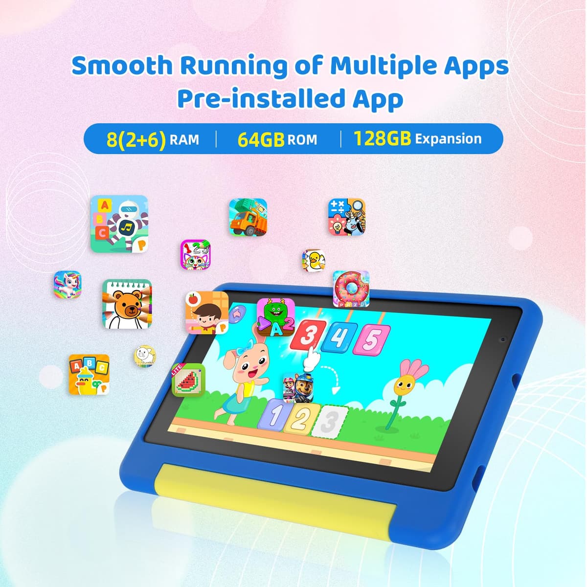 Whitedeer Kids Tablet, 7 inch Tablet for Kids 3-7 Ages 8GB RAM +64GB ROM, Android 13, Parental Controls, Dual Camera, Wi-Fi, Bluetooth, Type-C, Impact Resistant Case, Gift,Blue — view 5