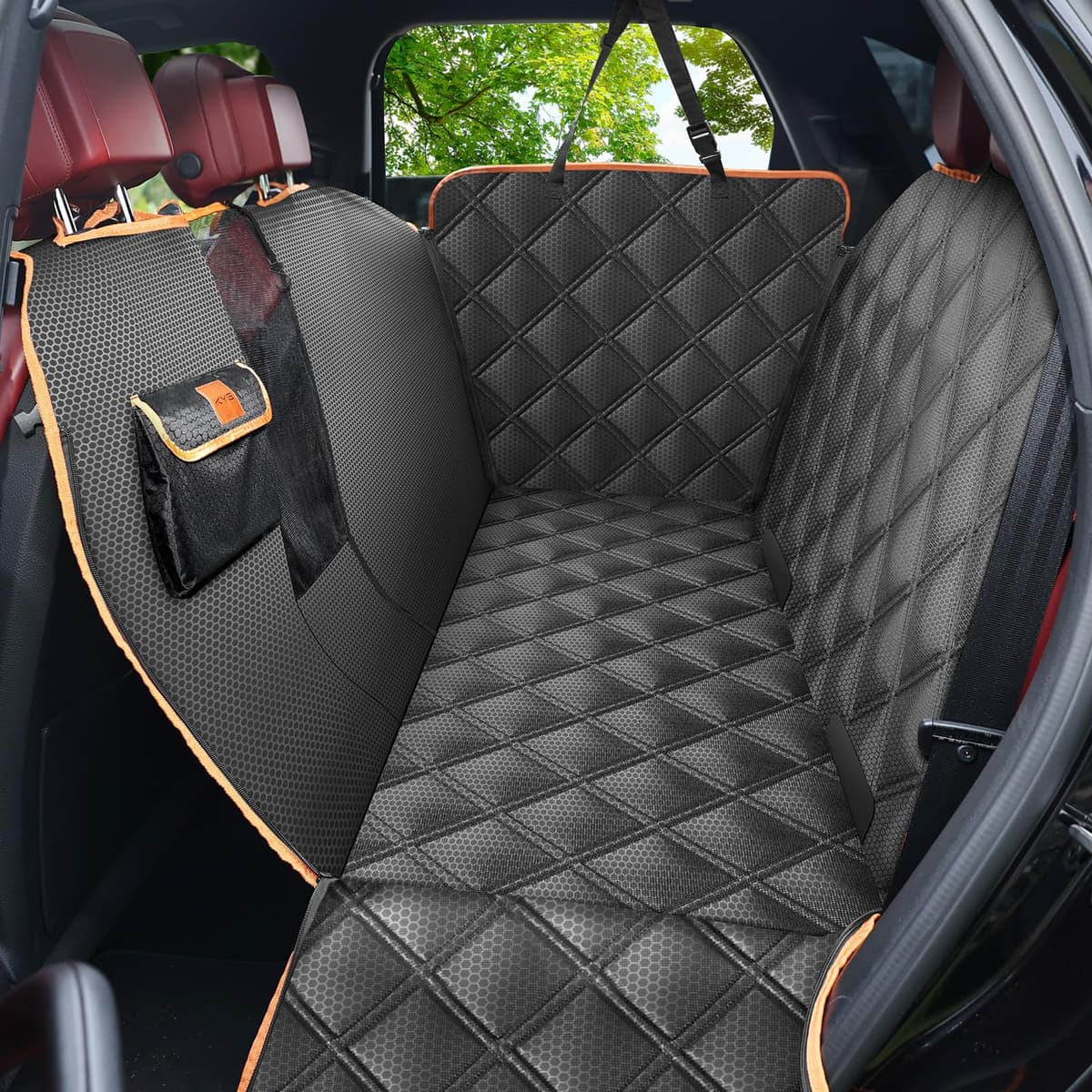 KYG Dog Hammock for Car Back Seats with Side Protection and Mesh Visual Window, Durable Scratch Proof and Waterproof Pet Seat Cover for Cars/Trucks/SUV, 135 x 148 cm, Black&Orange — view 12