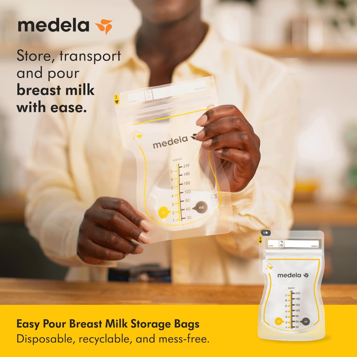 Medela Easy Pour Disposable Breast Milk Storage Bags, 7 oz/210 ml Capacity, Leakproof Design with Milk Protection, Made Without BPA, Pack of 100 — view 2