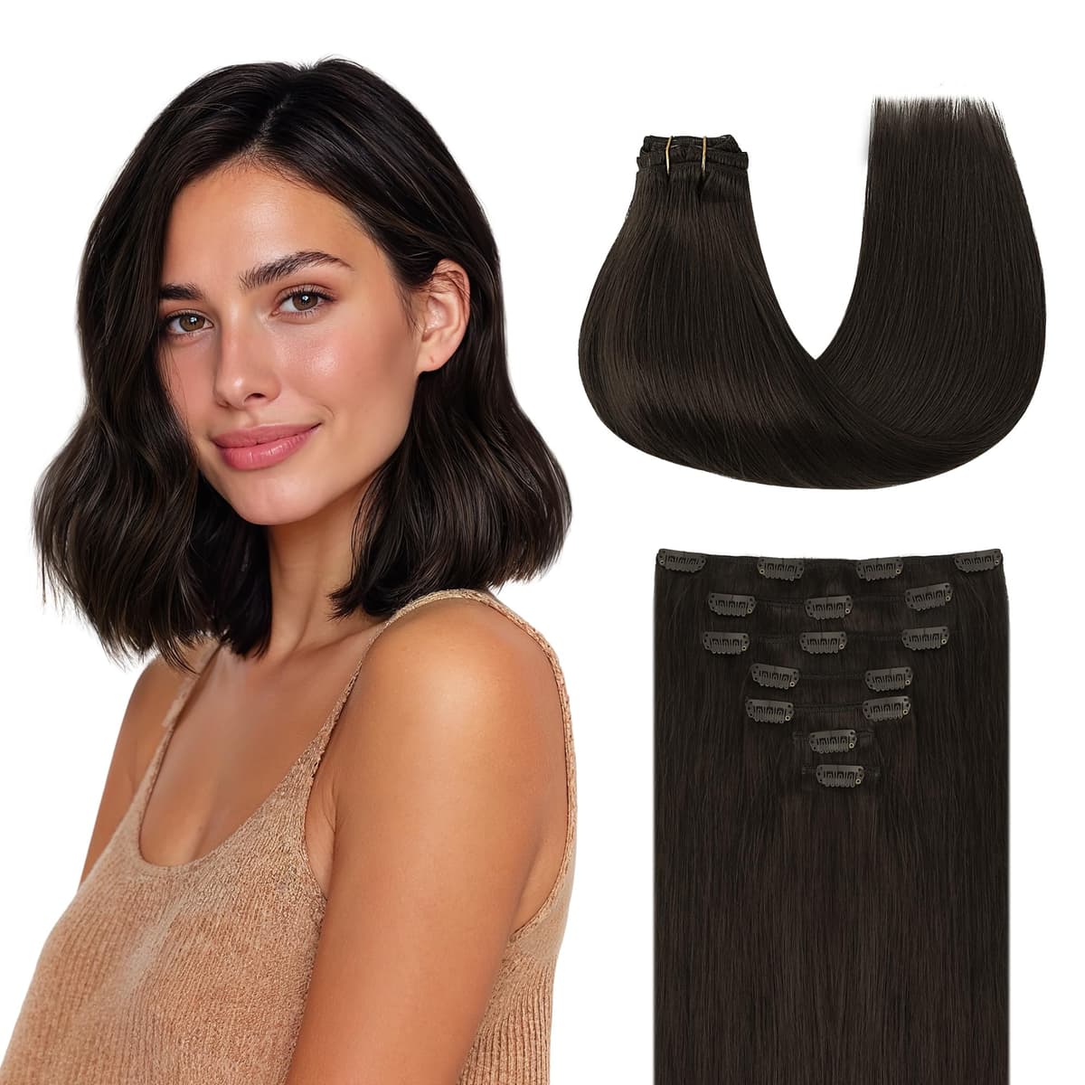 GOO GOO Clip in Hair Extensions Human Hair, 18inch 150g 9Pcs, #2 Dark Brown, Hair extensions for women, Human Hair Extensions Clip in — view 296