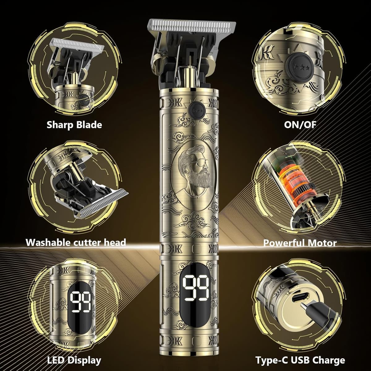 Men's Hair Clippers, Electric Man Shaving Machine with LED Hair Clippers Trimmer Beard Cordless Razor Hair Cutting for Home and Salon (Bronze) — view 3