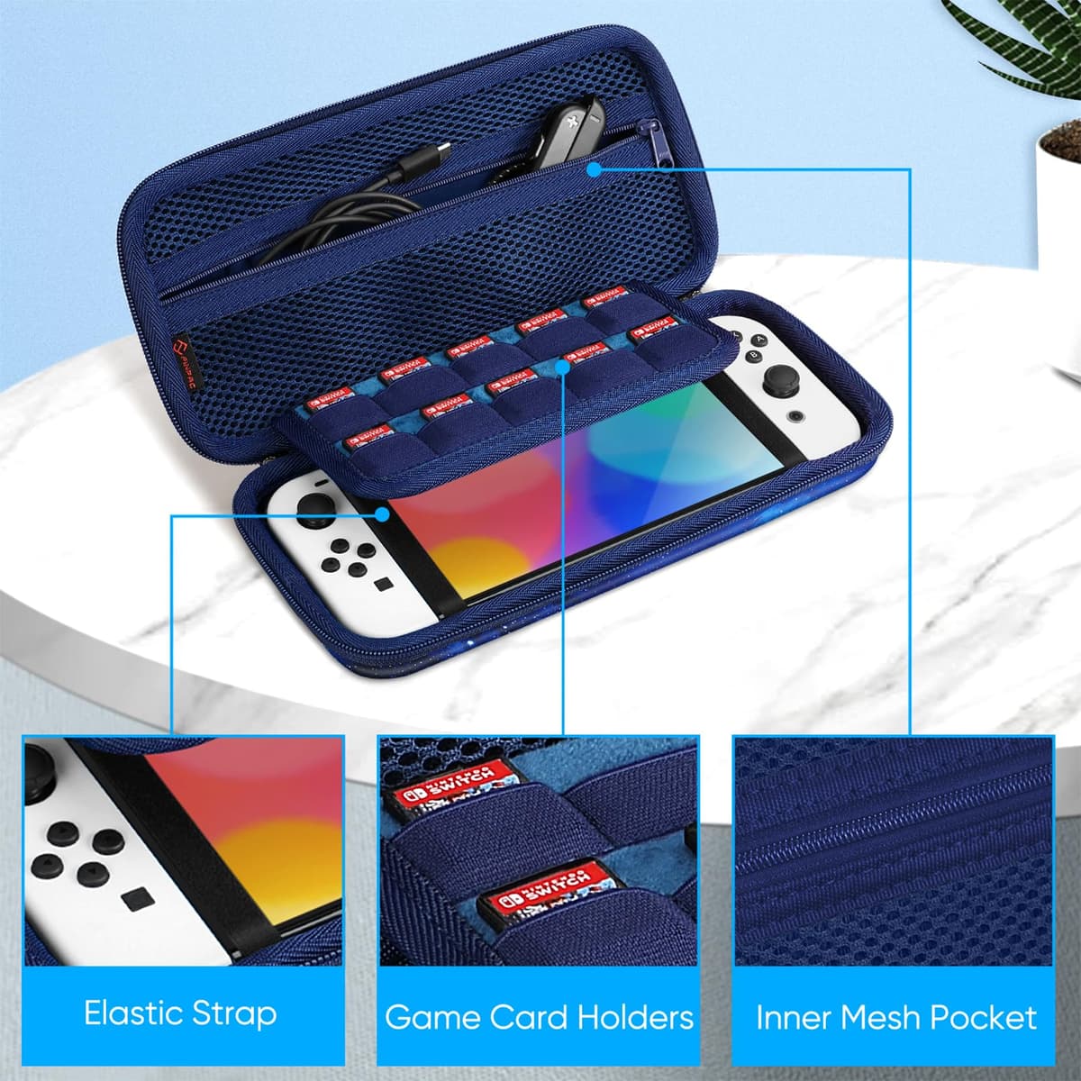 FINTIE Funda Portátil Compatible con Nintendo Switch/Switch OLED (2021) - [Antichoque] Estuche Dura para Viaje con 10 Ranuras y Bolsillo Interno para Joy-con, — view 3