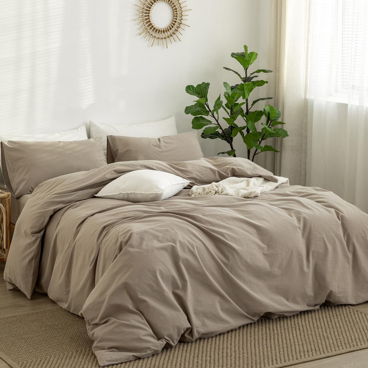MooMee Bedding Duvet Cover Set 100% Washed Cotton Linen Like Textured Breathable Durable Soft Comfy (Tannish Linen Grey, King) — view 61
