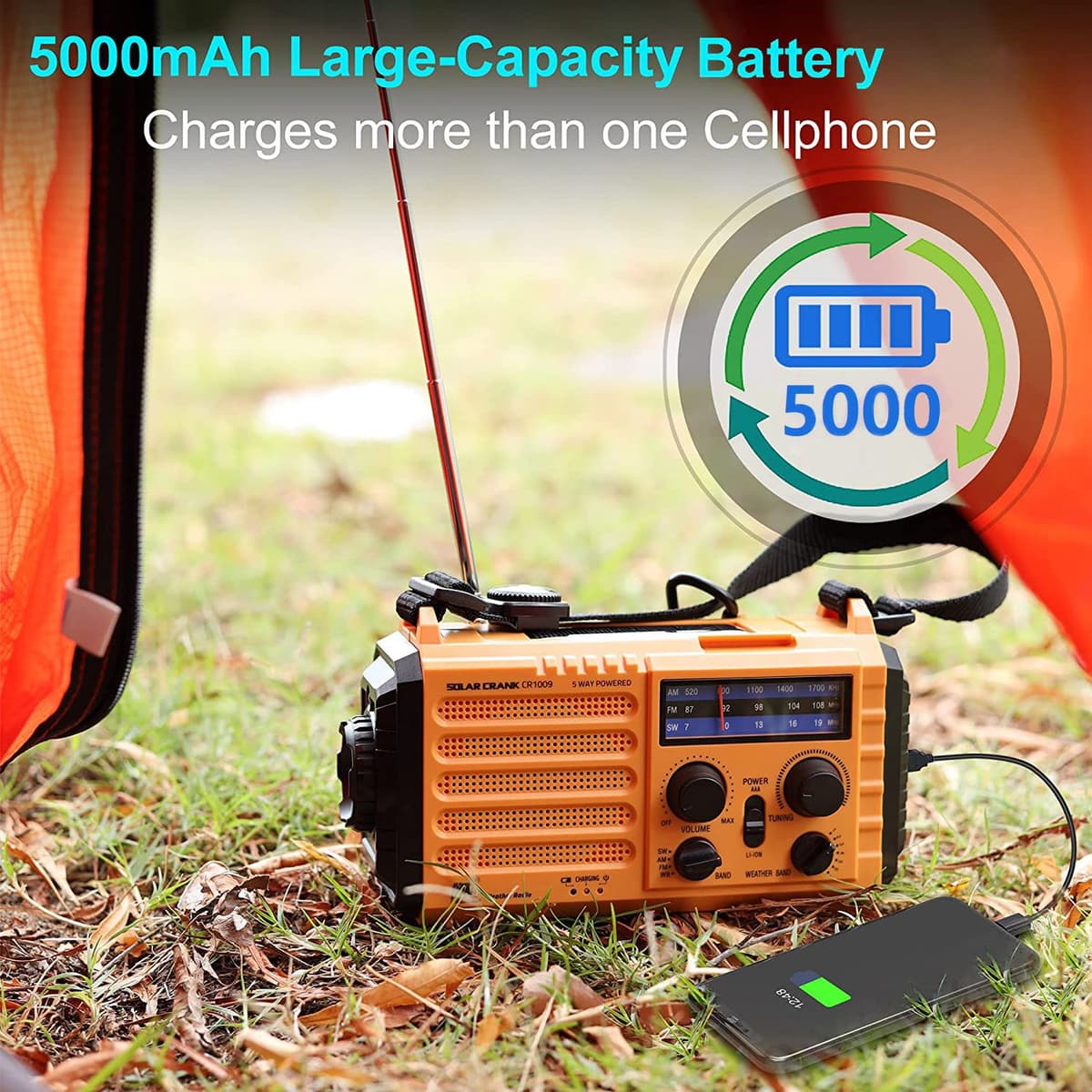 5000mAh Solar Radio, Portable Emergency Radio with Crank,Dynamo Weather Am/FM Radio, USB Phone Charger, LED Flashlight and Reading Light, SOS Alarm, Compass for Outdoor Camping — view 3