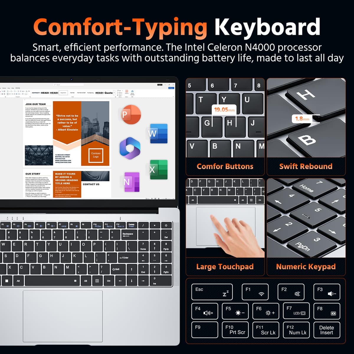 15.6" Laptop Computer, 8GB RAM 256GB SSD Celeron N4000(up to 2.6GHz) Laptop Win 11 Office Suite FHD IPS sRGB Notebook 2.4G&5G WiFi BT 4.2 HDMI USB 3.0 5000mAh Battery for Home Student Business — view 8