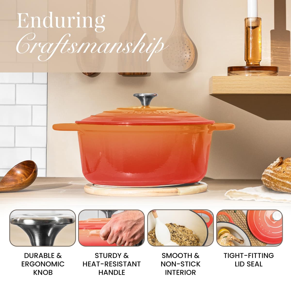 Nuovva Enamelled Cast Iron Dutch Oven Pot with Lid – 5 Quart Casserole Dish – Ceramic Dutch Oven for Bread Baking, Roasting, Braising & Stews – Oven Safe up to 500°F – 24cm Orange — view 7