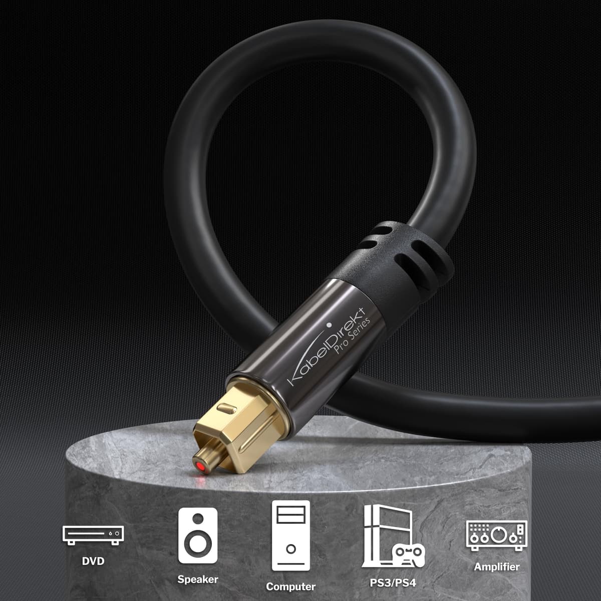 KabelDirekt – 2m Cable Óptico TOSLINK Audio (Stereo Dolby Digital normal, DTS, Conector Macho a Conector Macho, negro) — view 2