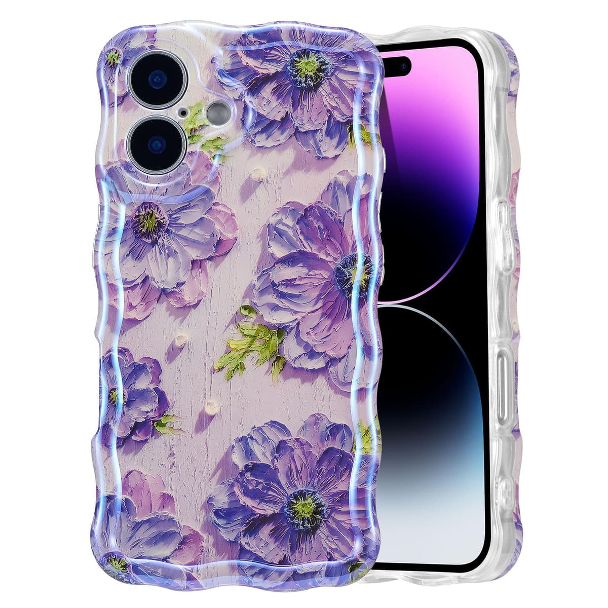 EYZUTAK Case for iPhone 16, Colorful Retro Oil Painting Printed Flower Laser Glossy Pattern Cute Curly Wave Edge Exquisite Phone Cover Stylish Durable TPU Protective Case for Girl Women-Green — view 74