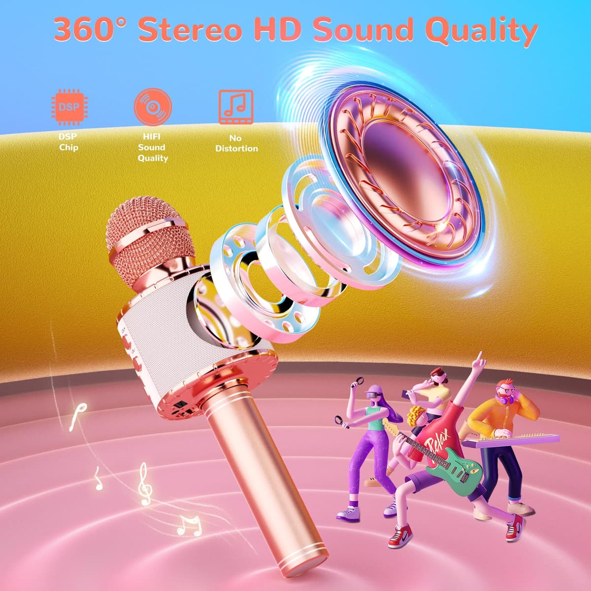 Ankuka Micrófono Karaoke Bluetooth Micrófono Inalámbrico para Niña con Luces LED Regalo Juguetes para Niños, Cambiador de Voz, Compatible con Android, iOS, PC Oro Rosa — view 4