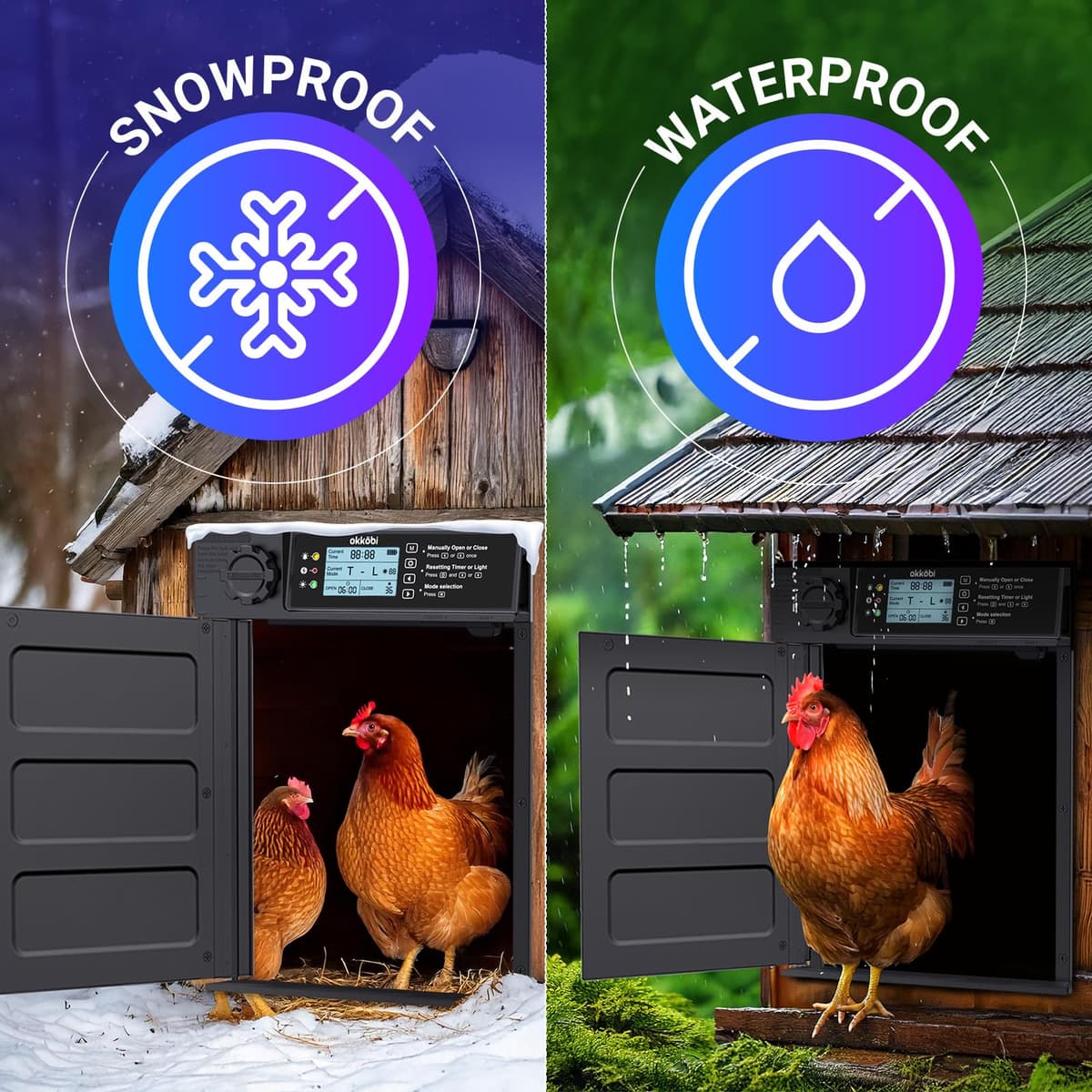 Okköbi Automatic Chicken Coop Door PRO - Light Sensor & Timer - Anti-Pinch Function - Wide Opening - New Model - Solar Powered with LCD Display & Remote Control - 5 Year Protection — view 6