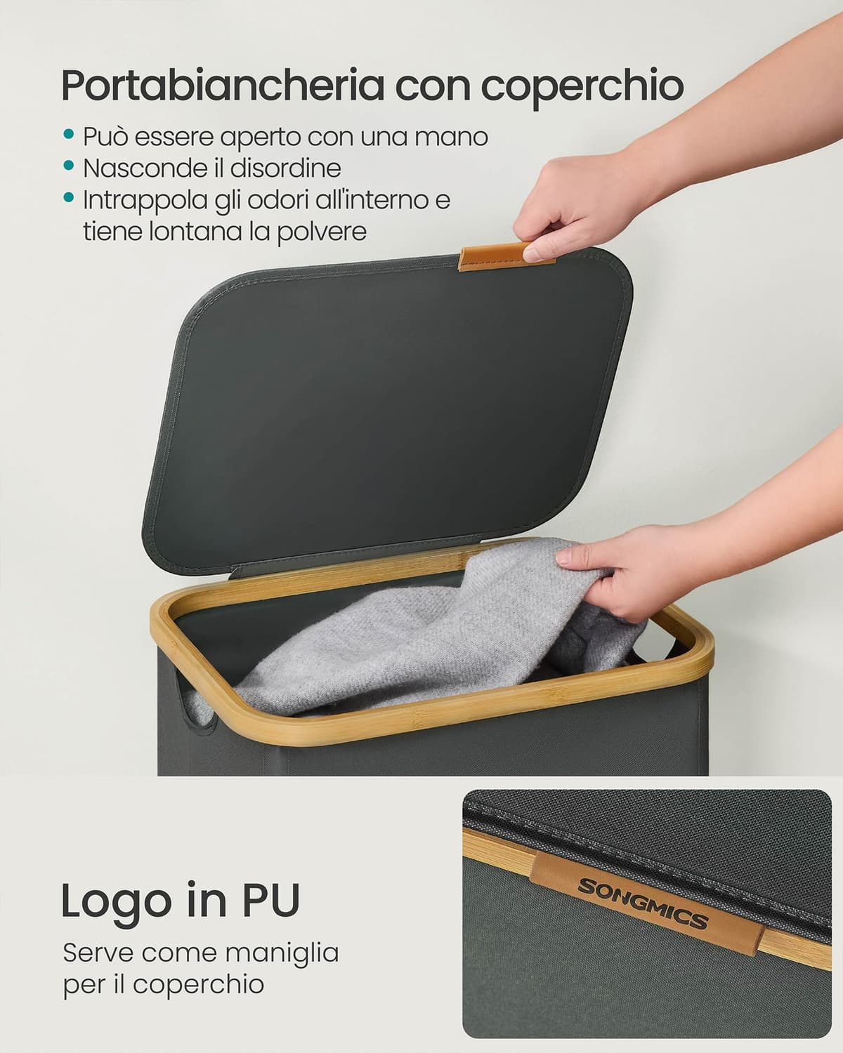 SONGMICS Cesto de Ropa con Tapa, Recogedor de Colada, Tejido de Oxford, Plegable, Marco de Bambú, Lavadero, Dormitorio y Salón, 100 L, 42 x 32 x 70,5 cm, Gris Pizarra LCB518GN01 — view 3
