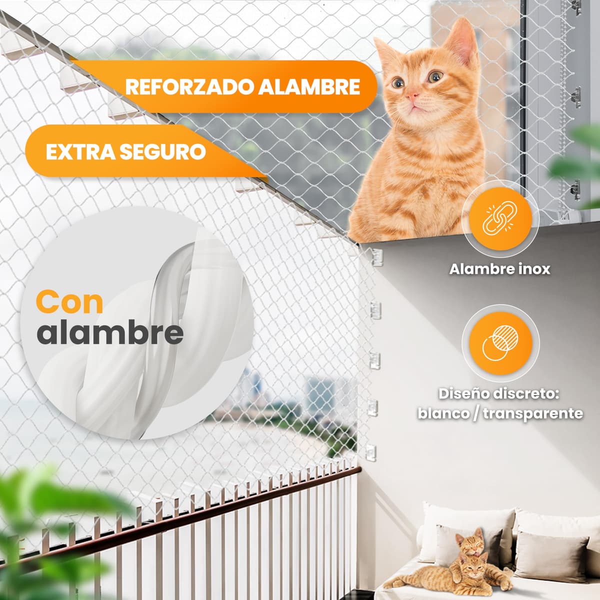 Naturiz Red para gatos para balcón sin agujeros, 3 x 8 m, red para gatos reforzada con alambre transparente/blanco, incluye ganchos adhesivos, red de protección para gatos para balcón y ventana, red — view 2