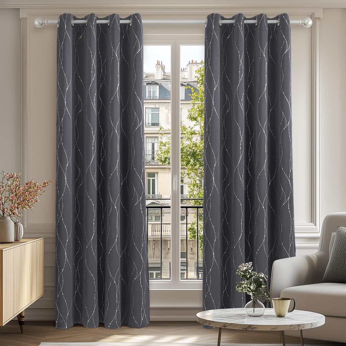 Deconovo Soft Dotted Line Foil Printed Blackout Curtains Thermal Insulated Curtains Eyelet Energy Efficiency Room Darkening Curtains for Bedroom 52 x 72 Inch Light Grey 2 Panels — view 7