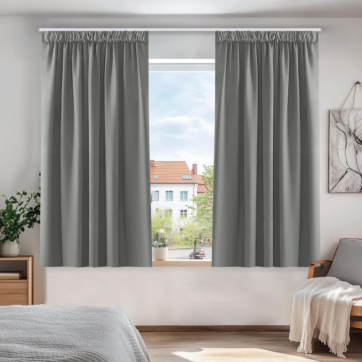 Deconovo Grey Blackout Curtains Thermal Super Soft Pencil Pleat Curtains Bedroom 46 x 54 Drop Inch Light Grey 2 Panels — view 2