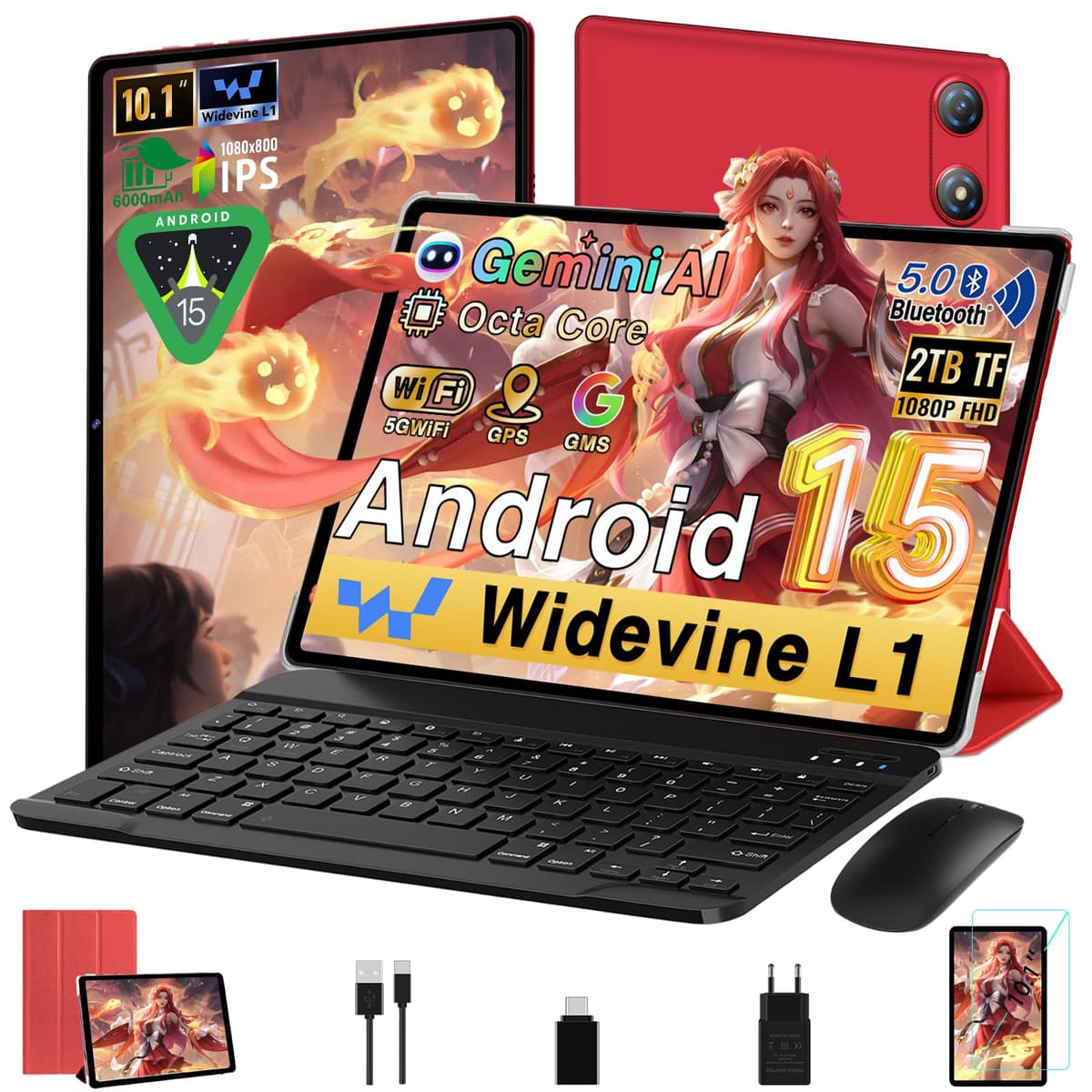 UJJ Tablet Android 15 10 Pulgadas Gemini AI con 64GB ROM + 2TB TF, Octa-Core, 5G WiFi, Widevine L1, GMS, Bluetooth 5.0, 5MP + 8MP, 3.5mm Audio, 1280 * 800 FHD IPS, Tablet con Teclado y Ratón - Rojo