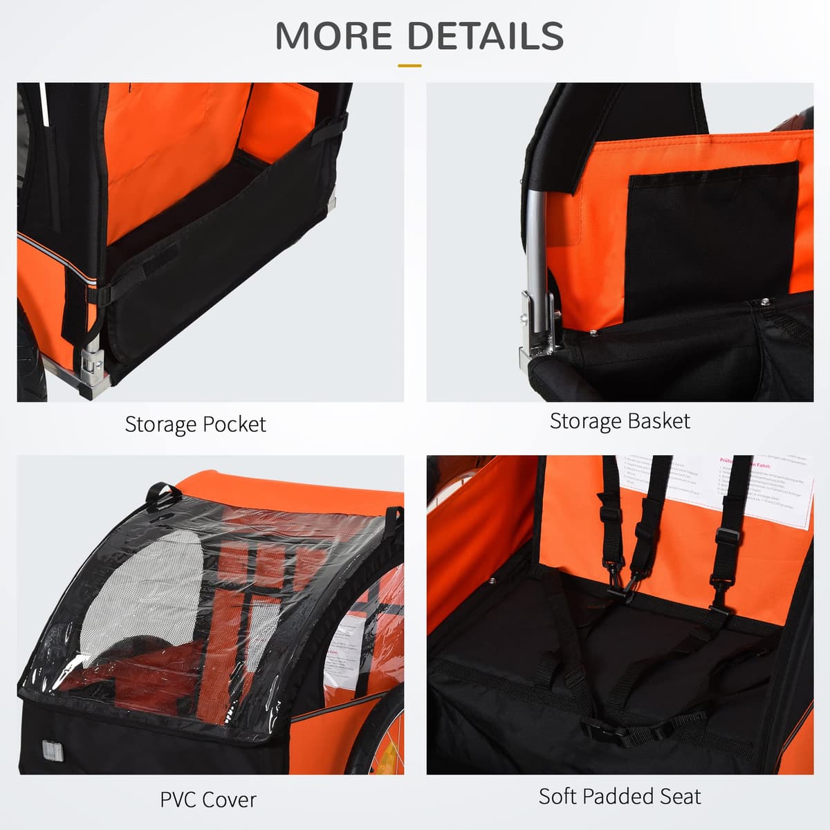 HOMCOM 2 Seat Bike Trailer Bicycle wagon for Kids Child Steel Frame Safety Harness Seat Carrier Orange Black 130 x 76 x 88 cm — view 5