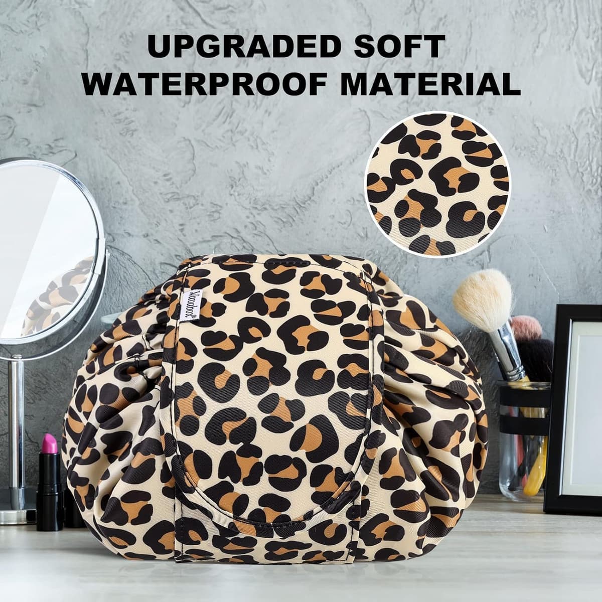 Lazy Drawstring Makeup Bags, Large Capacity Waterproof Travel Portable Cosmetic Bag Pouch Makeup Pouch Storage Organiser for Women Girl (Yellow Leopard) — view 6