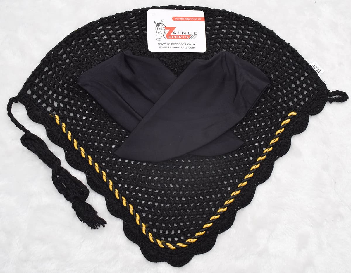 ZAINEE HORSE FLY VEIL EAR BONNET NET BREATHABLE COTTON HAT EQUESTRIAN (Pony, Black) — view 3