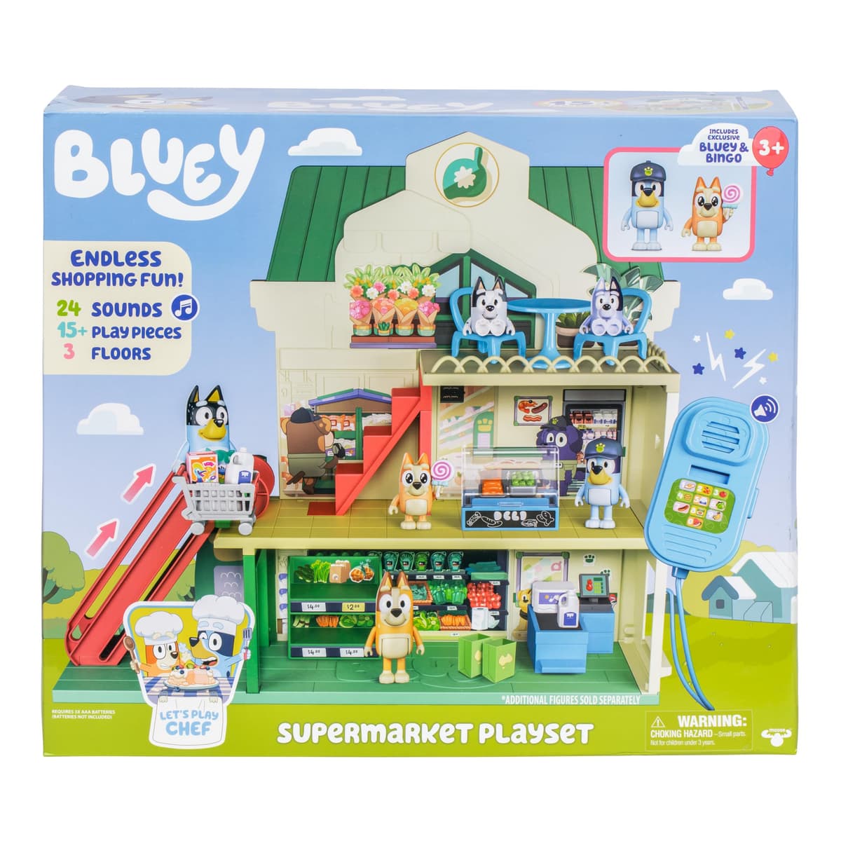Bluey Supermarket Playset, 3 Different Levels With Exclusive Bluey and Bingo Figures. Includes Working Escalator, 24 Sounds and 15+ Play Pieces Plus Fun Intercom, Over 40cm (15") Tall. — view 2