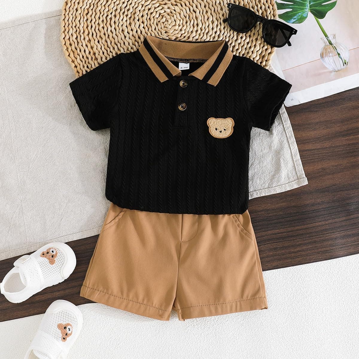 Conjunto Verano Ropa para Bebé Niño Lindo Polo con Estampado de Oso + Cintura Elástica Pantalones Cortos y Bolsillos 2 Piezas Trajes de Primavera — view 2