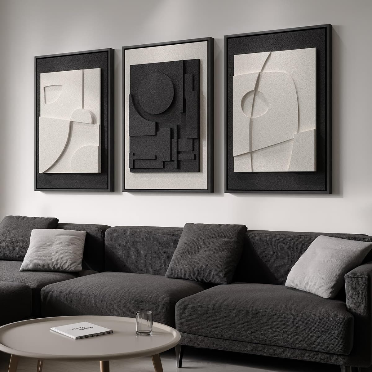 Large 3D Textured Framed Abstract Wall Art for Living Room, 3 Piece Modern Paintings Artwork for Walls, Black White Brown Geometric Sandstone Texture Pictures for Hallway Office Home Decor 24x36 In — view 49