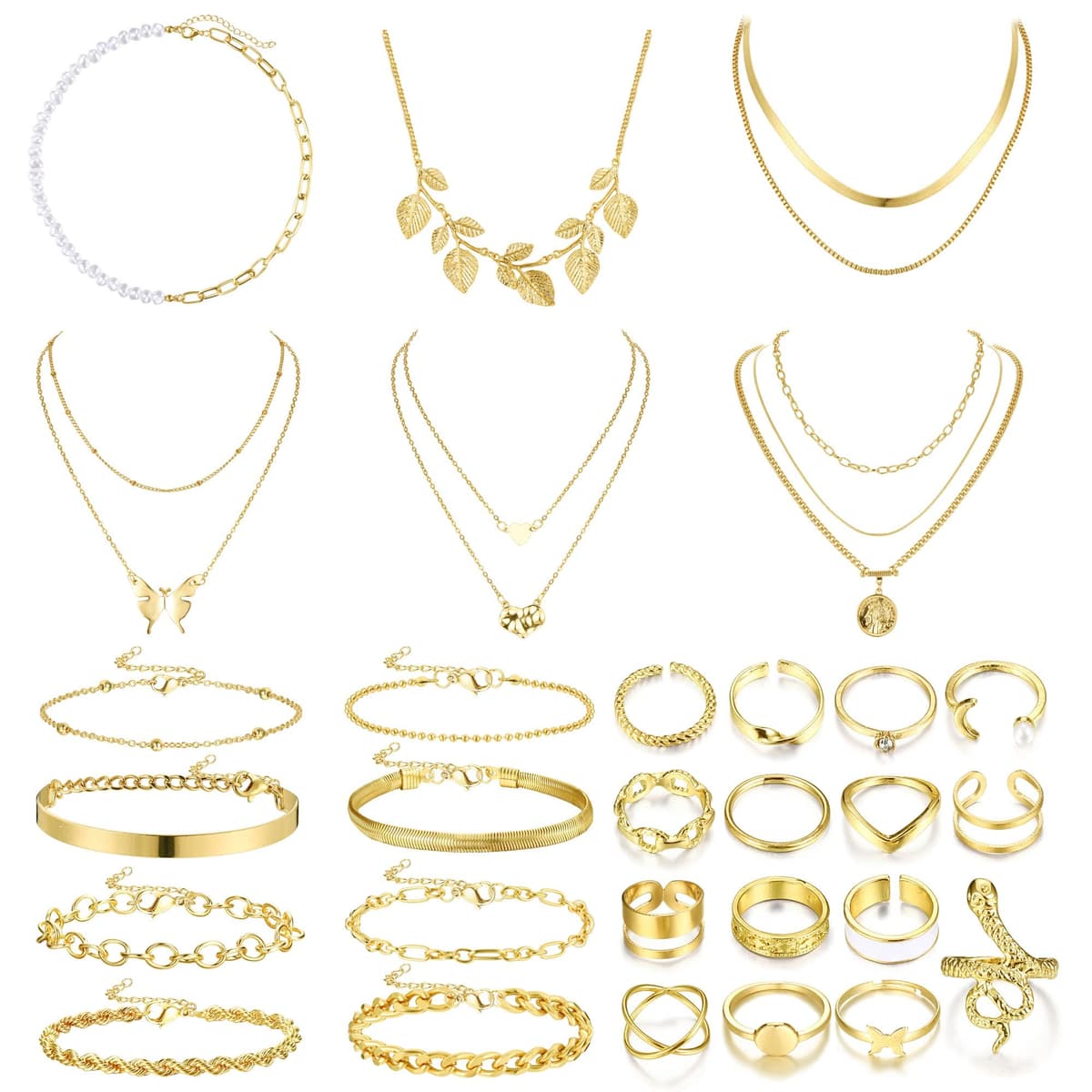Kakonia 29 Piezas Anillo y Pulsera de Oro Femenino, Collar Inicial en Capas