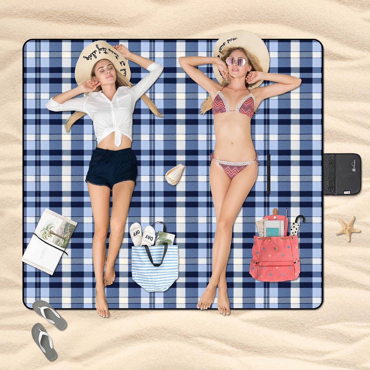 Vinsani Foldable Picnic Blanket 200 x 180 cm - Anti-Slip, Durable Waterproof & Sand Proof Outdoor Rug Mat for Camping, Beach, Hiking, Park & Garden, Easy to Carry, Machine Washable | Checkered — view 2