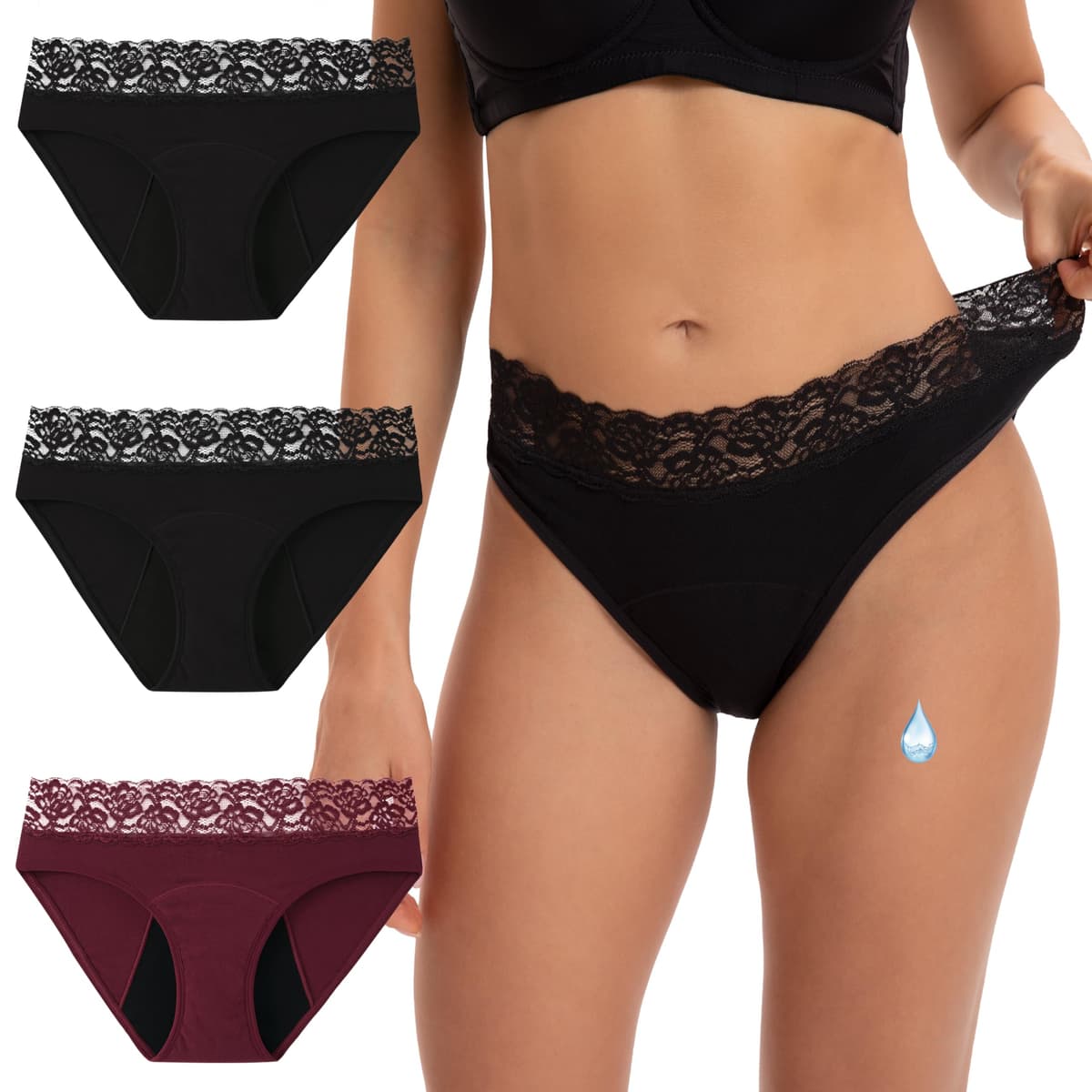 INNERSY Bragas Menstruales Algodon con Encaje Braga Menstrual Mujer Flujo Ligero/Medio Lavables Pack de 3