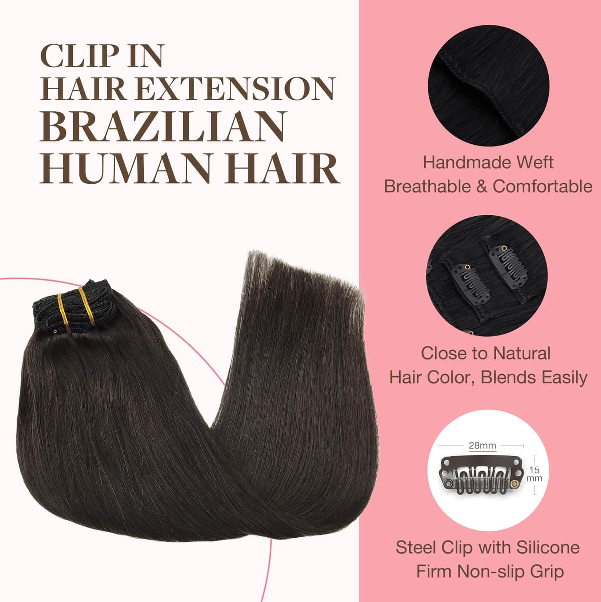 GOO GOO Clip in Hair Extensions Real Human Hair, Remy Human Hair Extensions Clip ins for Women, Natural Human Hair, 20inch 120g 7Pcs, 2 Dark Brown — view 3