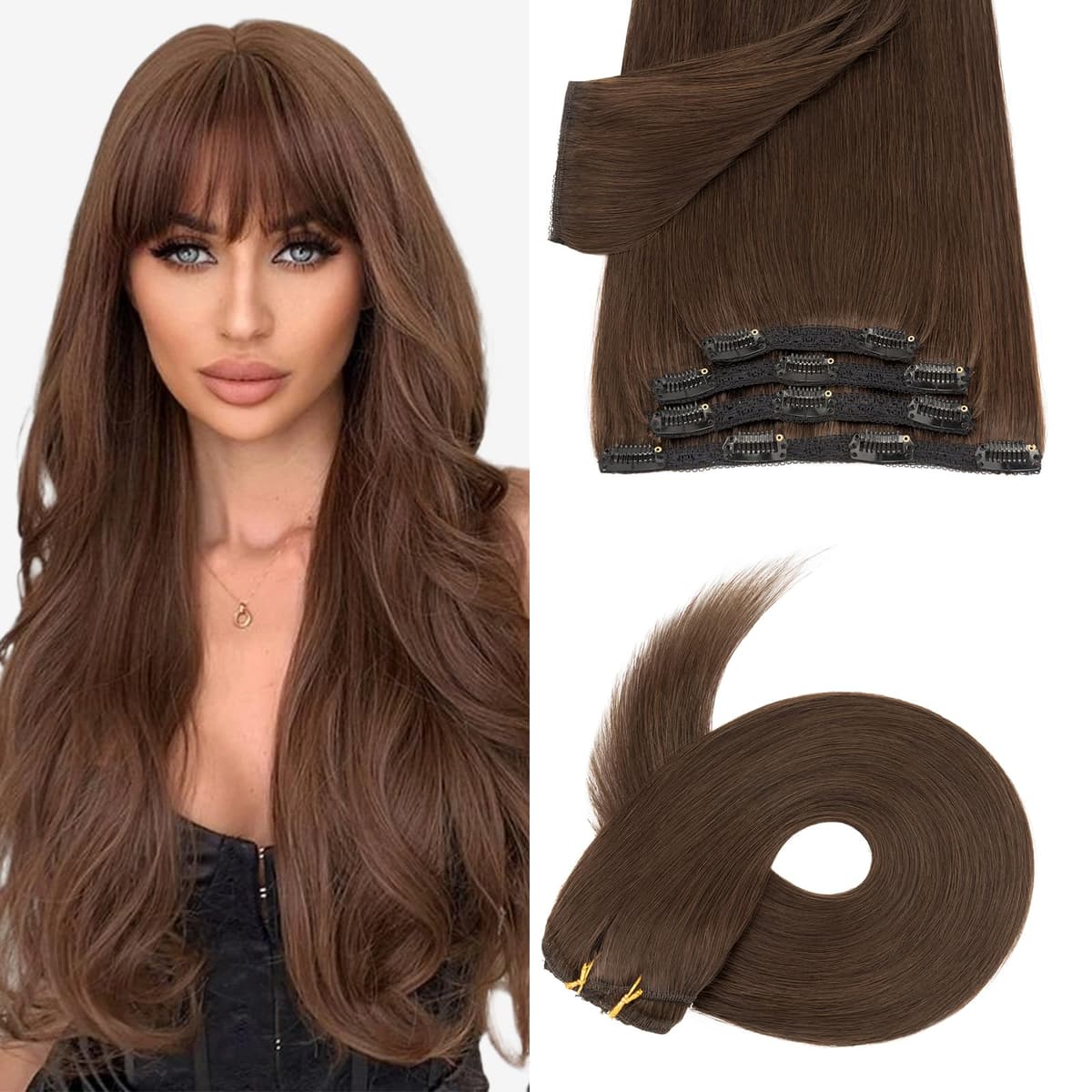 Silk-co 10inch Hair Extensions Clip in Hair Extension Human Hair #04 Medium Brown -Basic Thickness-Thin Weft- 8 Pieces Real Remy Straight Hair Extensions[50g] — view 54
